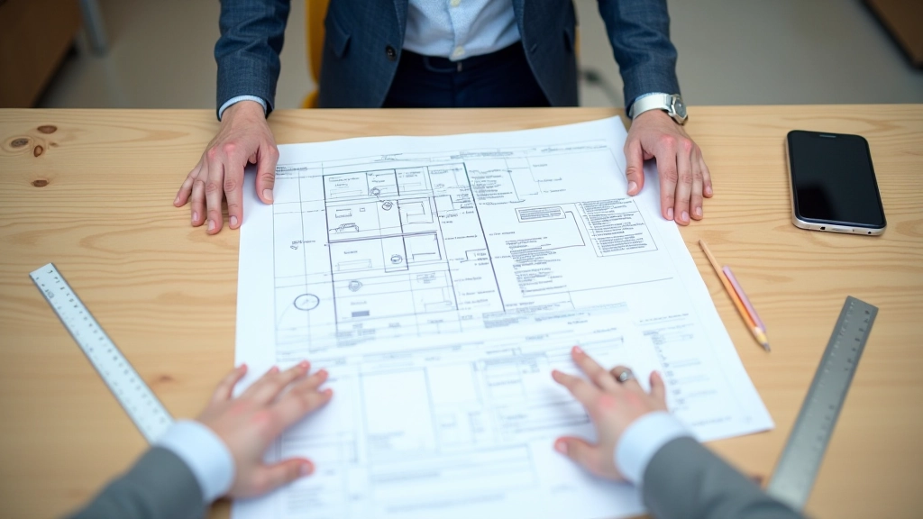 Architect reviewing building blueprint and site structure diagram on large table