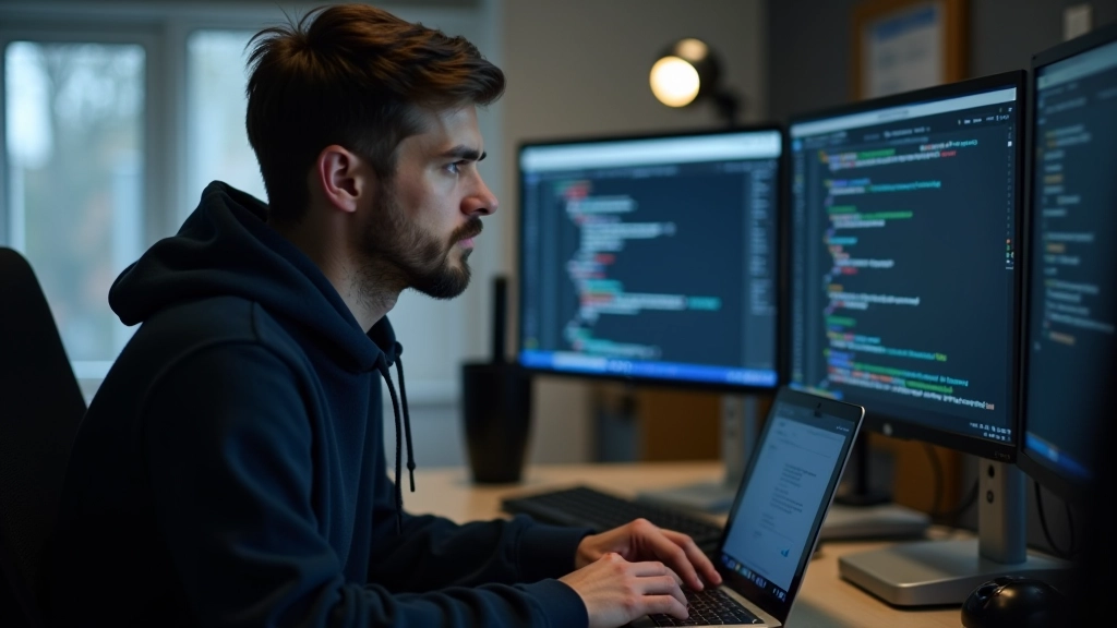 Web developer setting up crawl tools and diagnostic software on laptop at development workspace