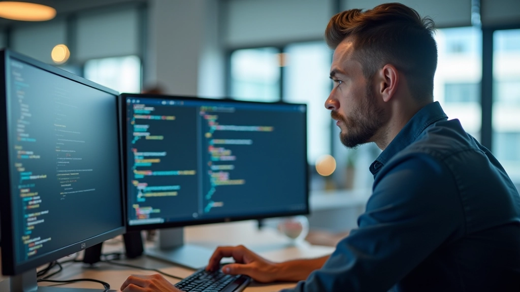 Developer at workstation with multiple monitors showing site structure planning spreadsheet and analytics dashboard